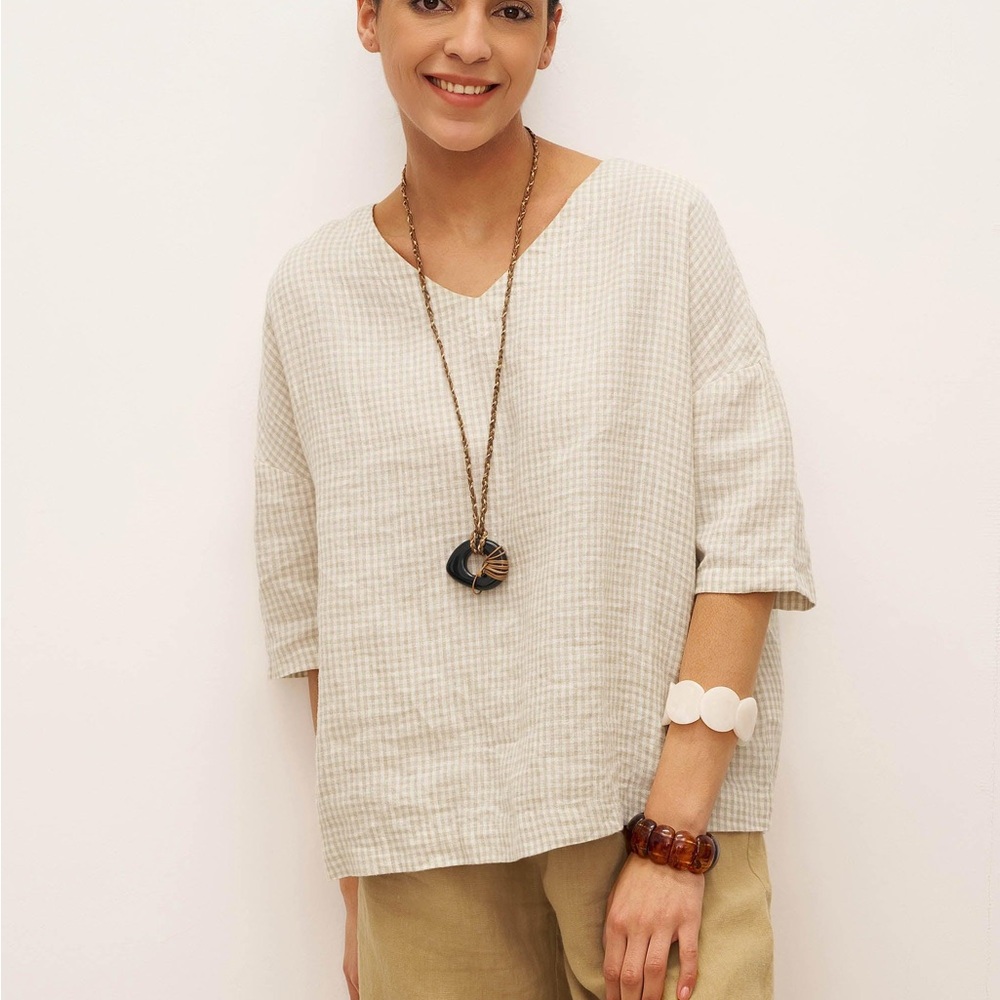 Casual Cream Checkered Women's Top